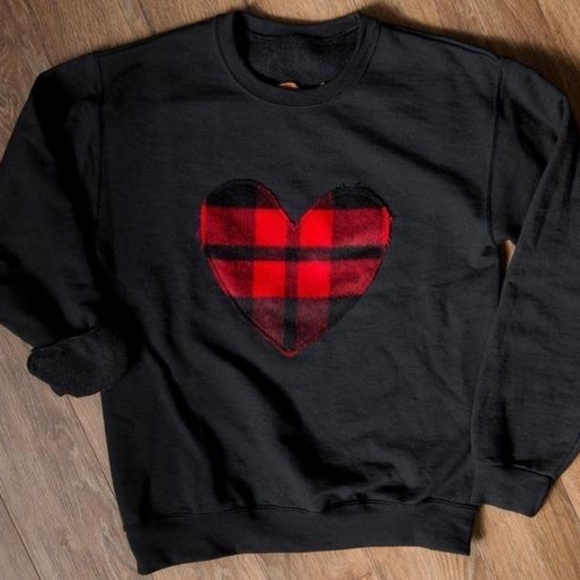 COPIOUS Fashion Buffalo Plaid Lumberjack Heart Sweatshirt Black Size Large NWT - Picture 2 of 4